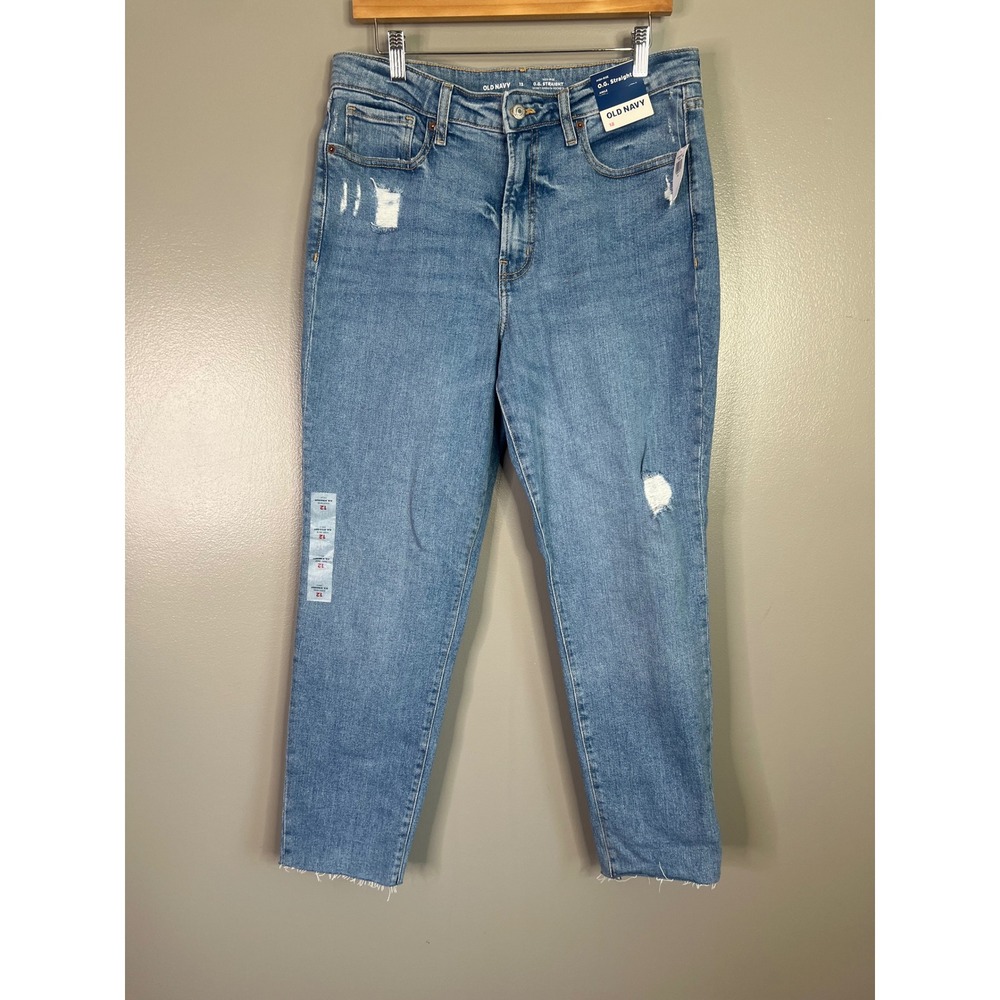 Old Navy OG Straight Ankle Jeans Womens 12 High Rise Distressed Raw Hem Blue